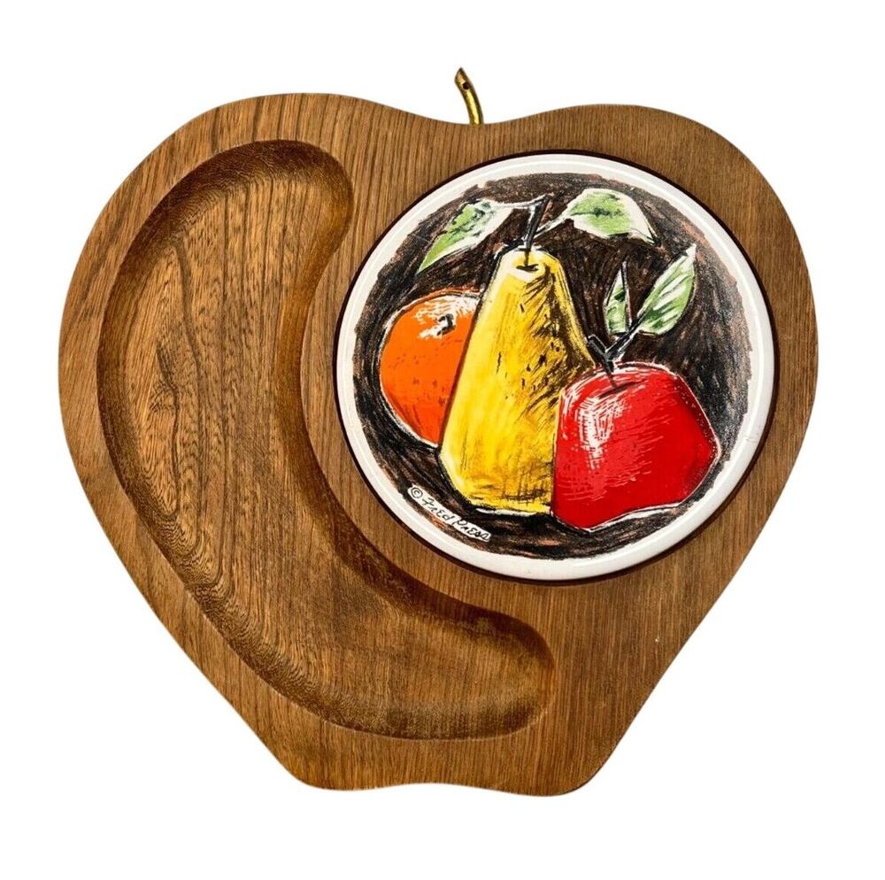 Vintage 70s Wood Cheese Board Server Ceramic Tile Signed Fred Press Sere Fruit
